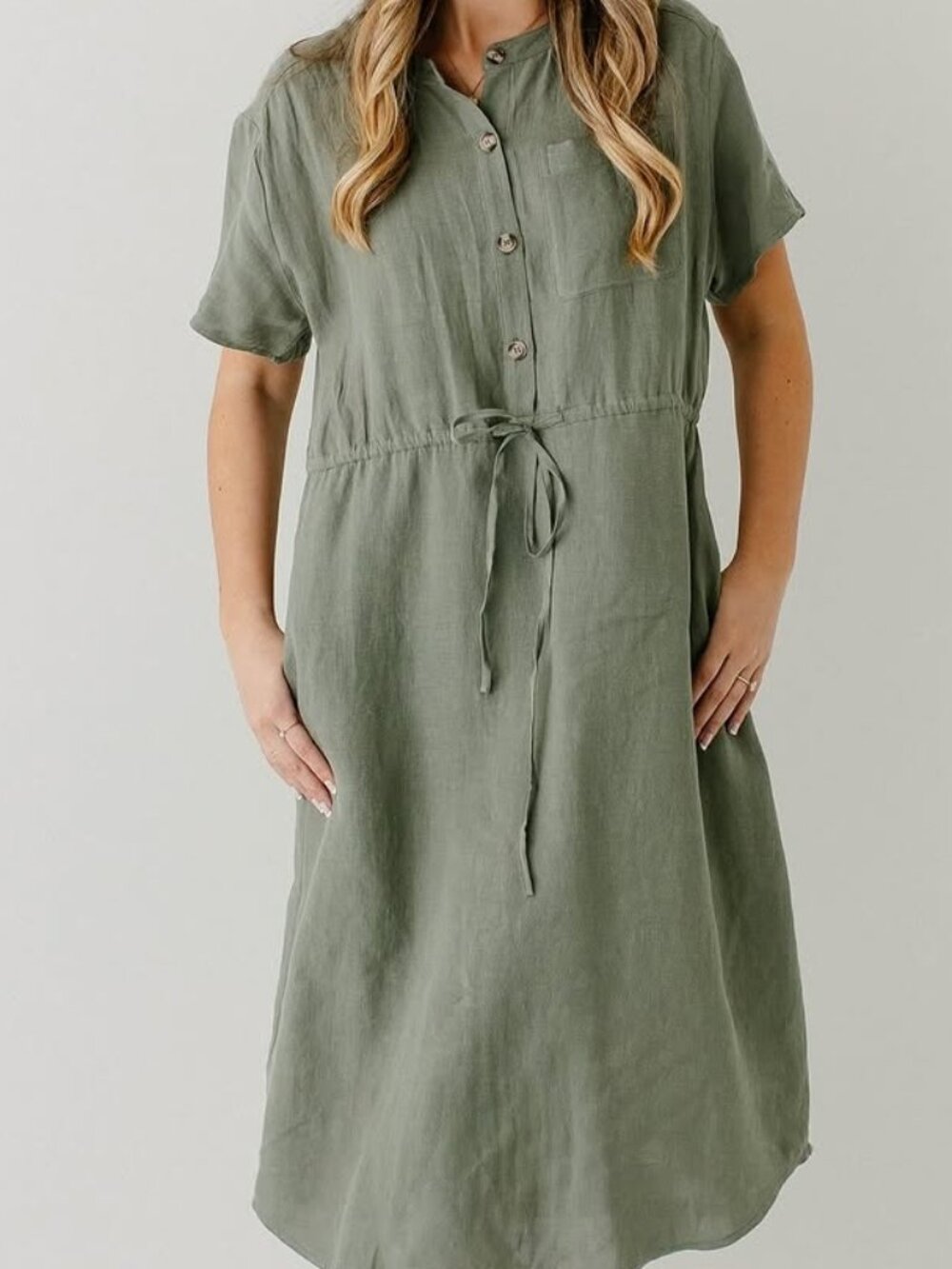 Green linen midi dress M with pockets